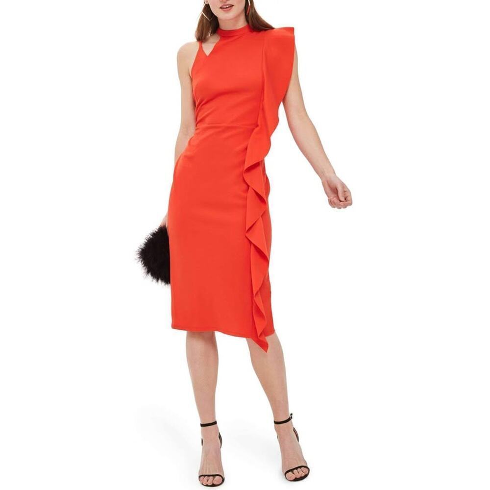Topshop Women’s Size 8 Medium Red Ruffle Asymetrical Party Cocktail Dress - Picture 1 of 7